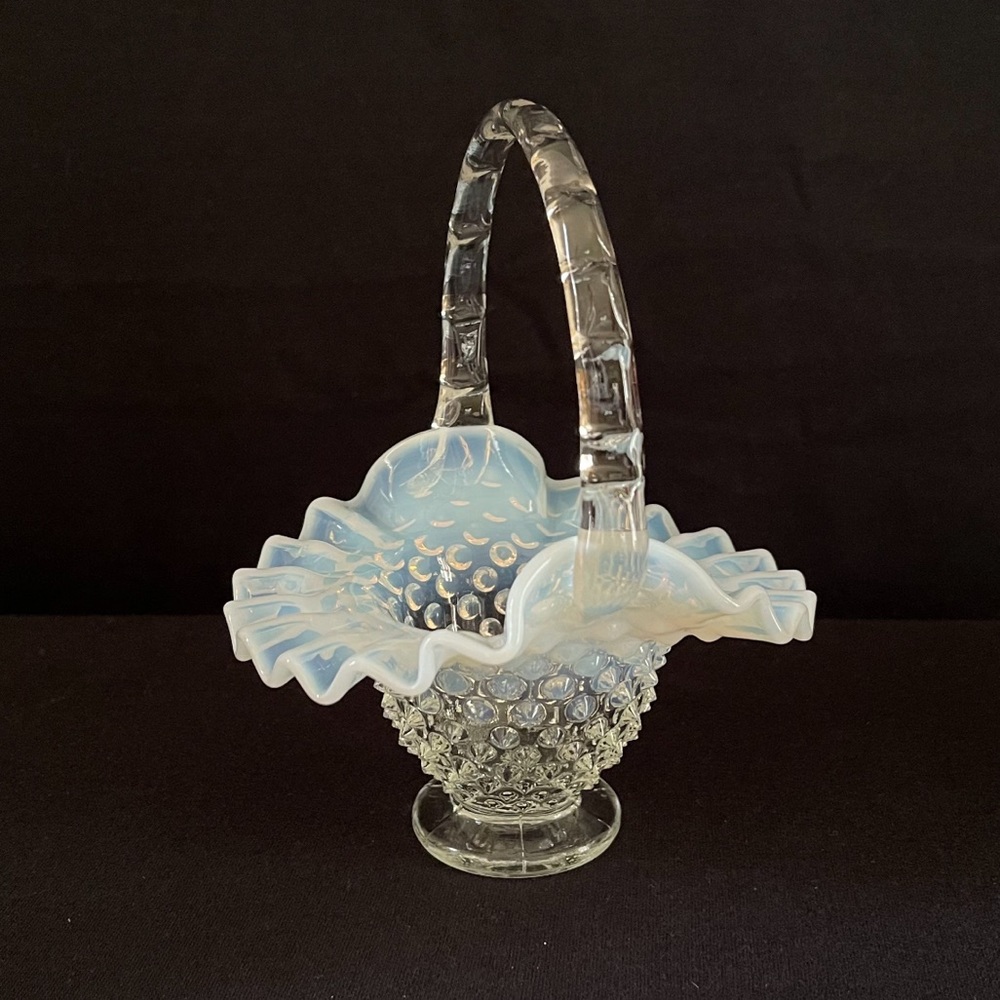 Small Basket - Fenton Hobnail - Opalescent - Clear Glass with White